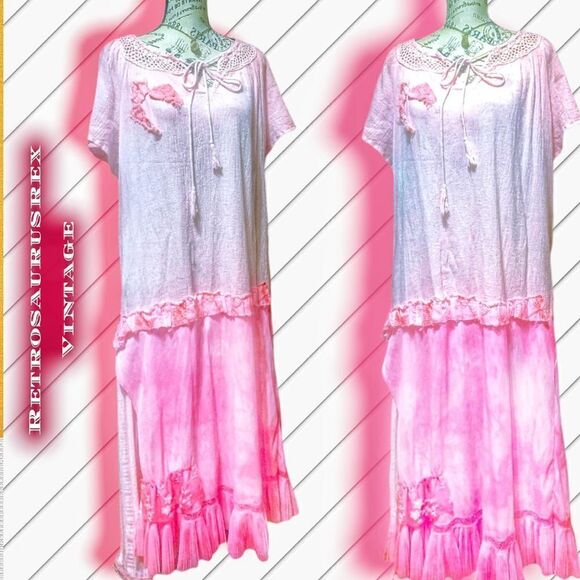 Custom Pink Tie Dye Shabby Chic Upcycled Boho Drop Waist Dress, Kate Blossom XL - Picture 1 of 9